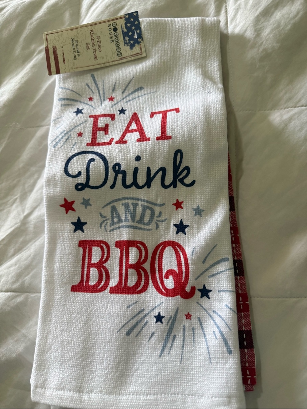 Eat Drink and BBQ Patriotic Kitchen Towel - Red, Navy, Light Blue